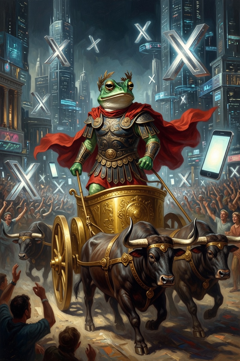 Kekius Maximus in a chariot through a city of X logos