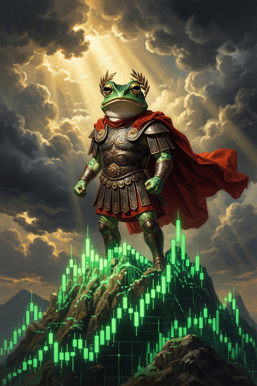 Kekius Maximus standing on green crypto chart mountain