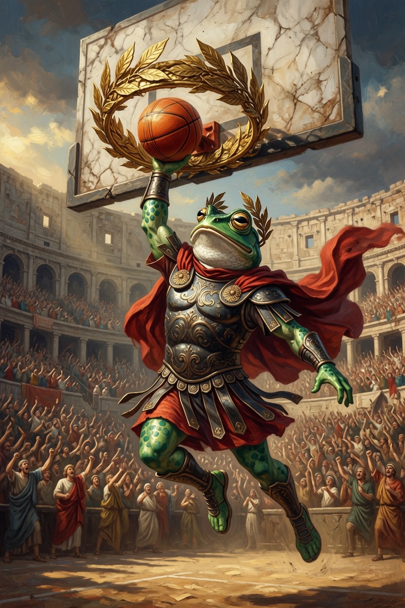 Kekius Maximus dunking a basketball through a laurel hoop