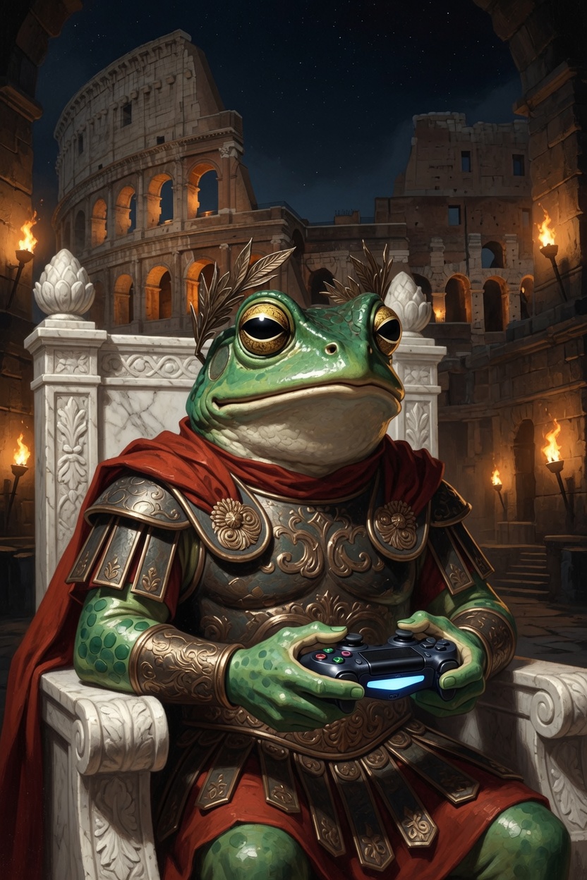 Kekius Maximus on a throne with a game controller