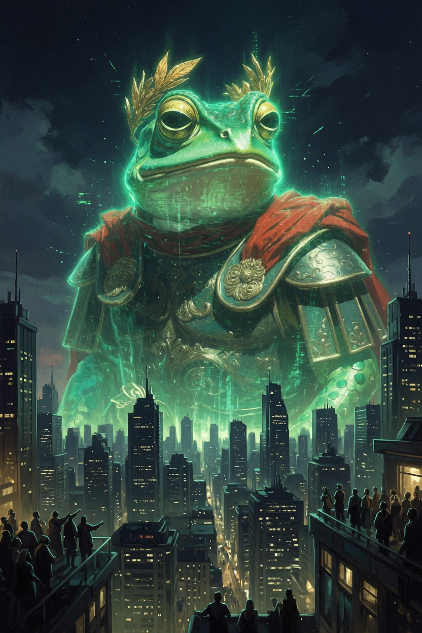 Giant hologram of Kekius Maximus over a night city