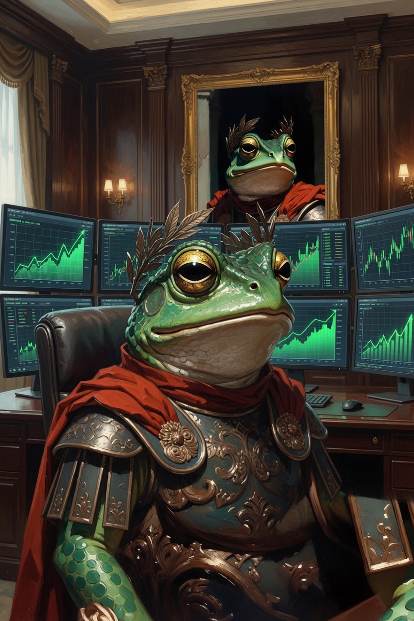 Kekius Maximus at a desk with green charts on monitors