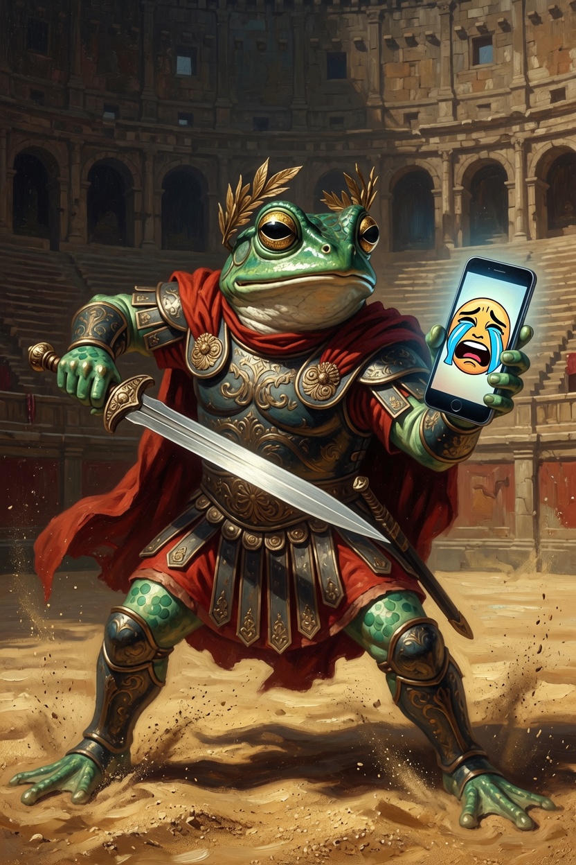 Kekius Maximus with sword and phone showing crying-laughing emoji